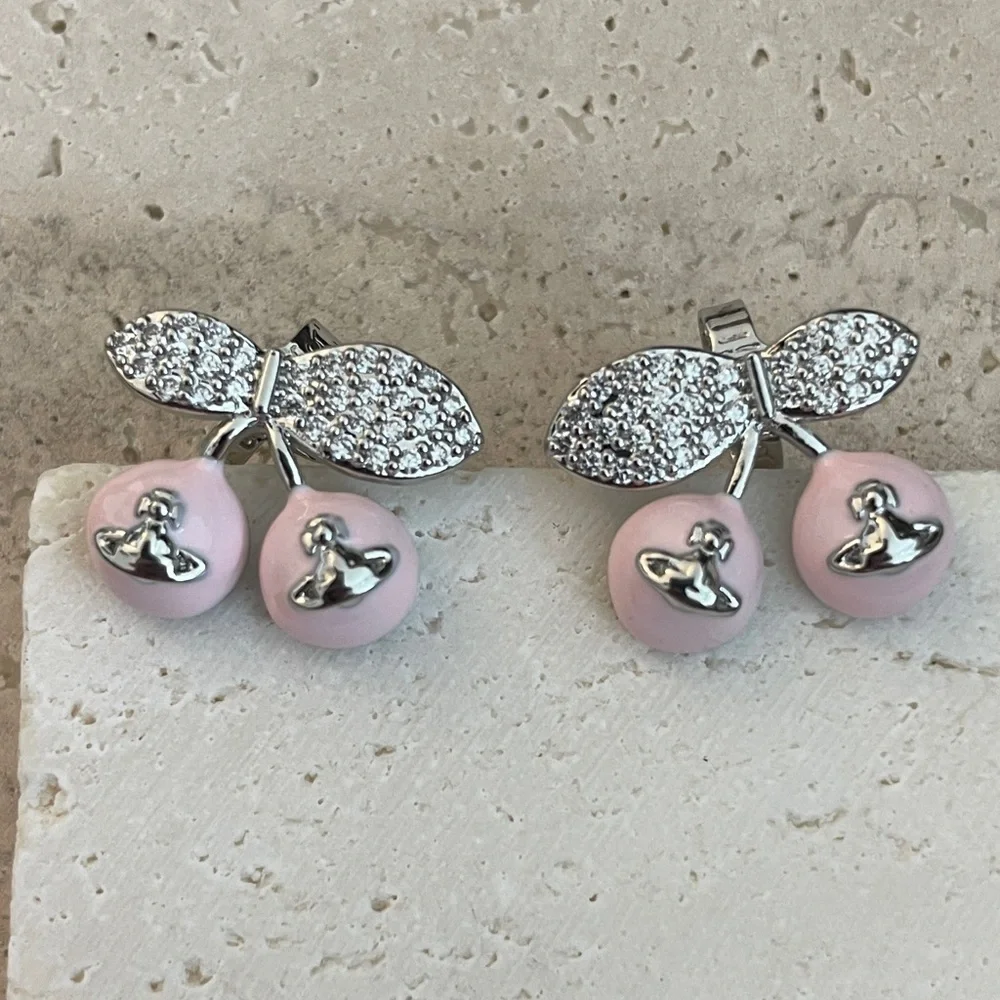 Vivienne Westwood Cherry Orb Earrings Pink Crystal Saturn Drop Earrings